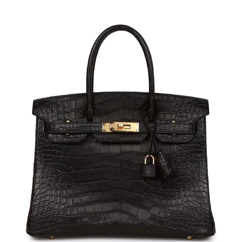 High-Quality Bags Hermes Birkin 30 Black Matte Alligator Gold Hardware