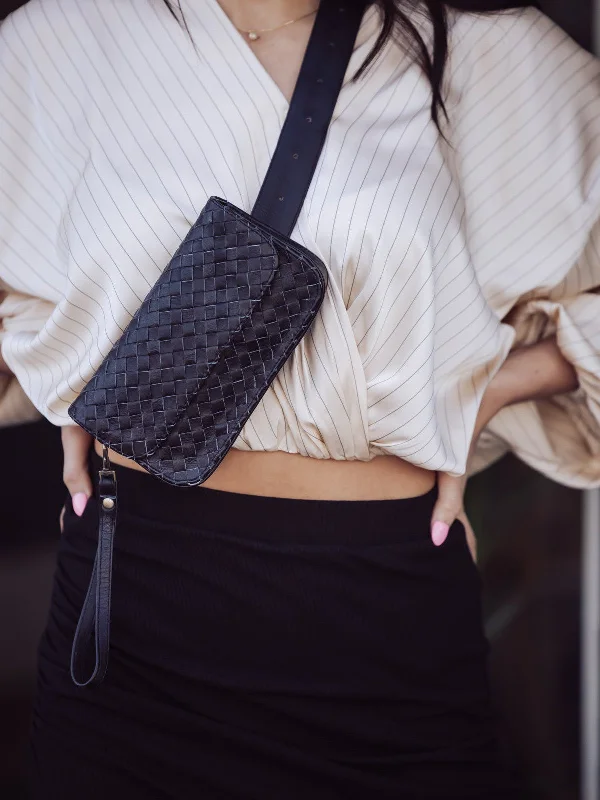 Inspired Bags For Timeless Elegance MANDRN ZIGGY WOVEN LEATHER FANNY PACK - BLACK