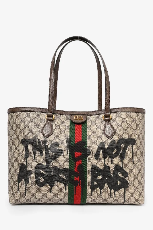 Trendy Bags Gucci X Balenciaga Brown BB Supreme Ophidia 'This is Not a Gucci Bag' Printed Shopping Tote