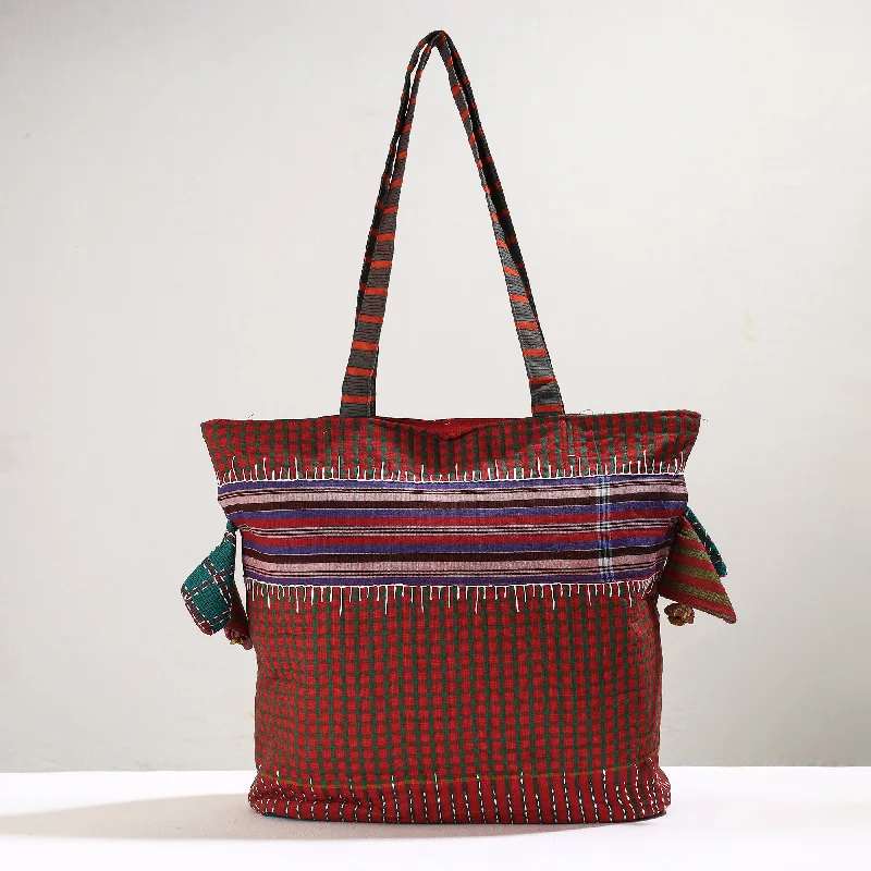 Lightweight Bags For Senior Travelers Red - Handmade Gamcha Fabric Kantha Work Tote Bag Lightweight Bags For Senior Travelers Red - Handmade Gamcha Fabric Kantha Work Tote Bag